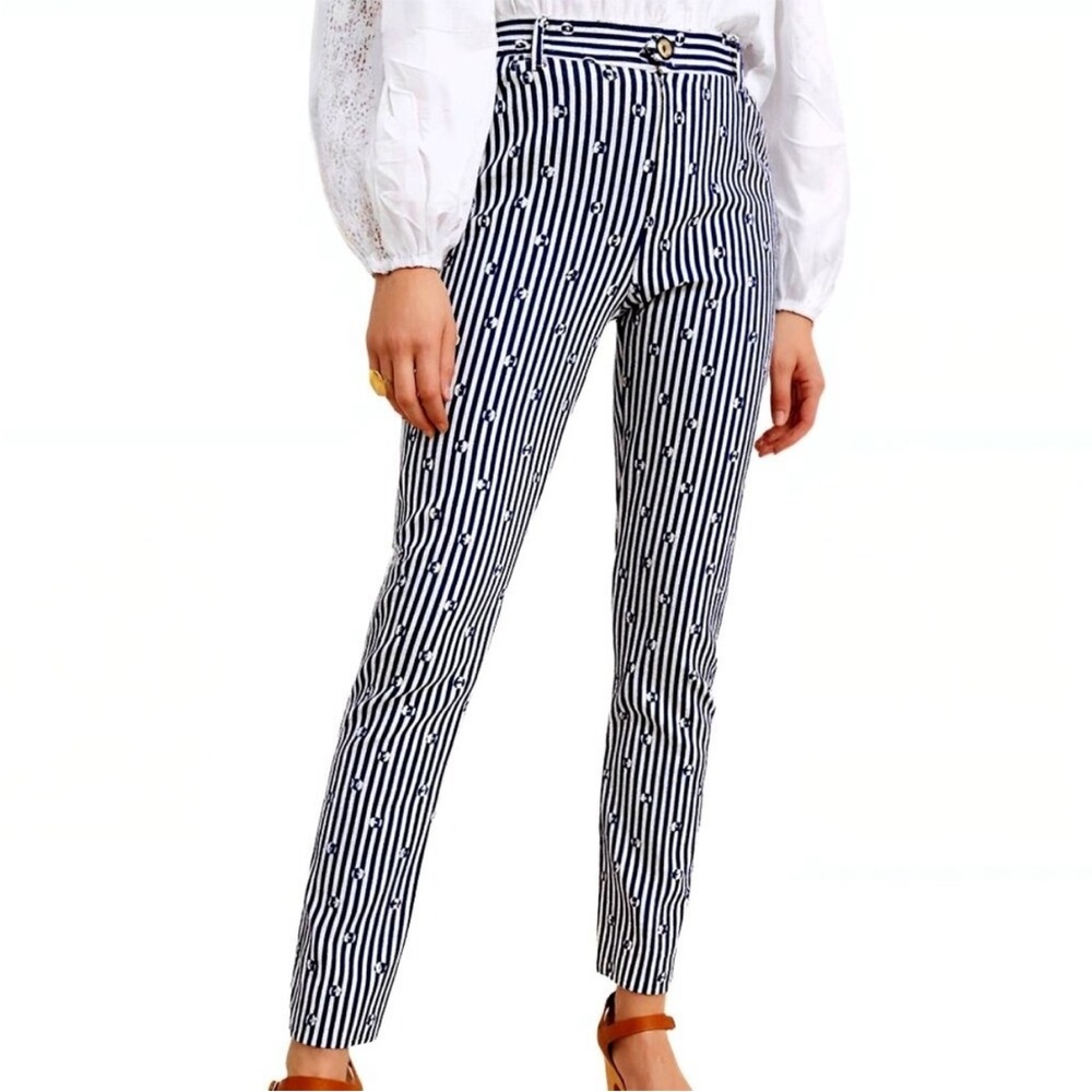 Anthropologie • Blue White Striped Daisy Floral Pant Hi Rise Ankle Preppy Sz 0